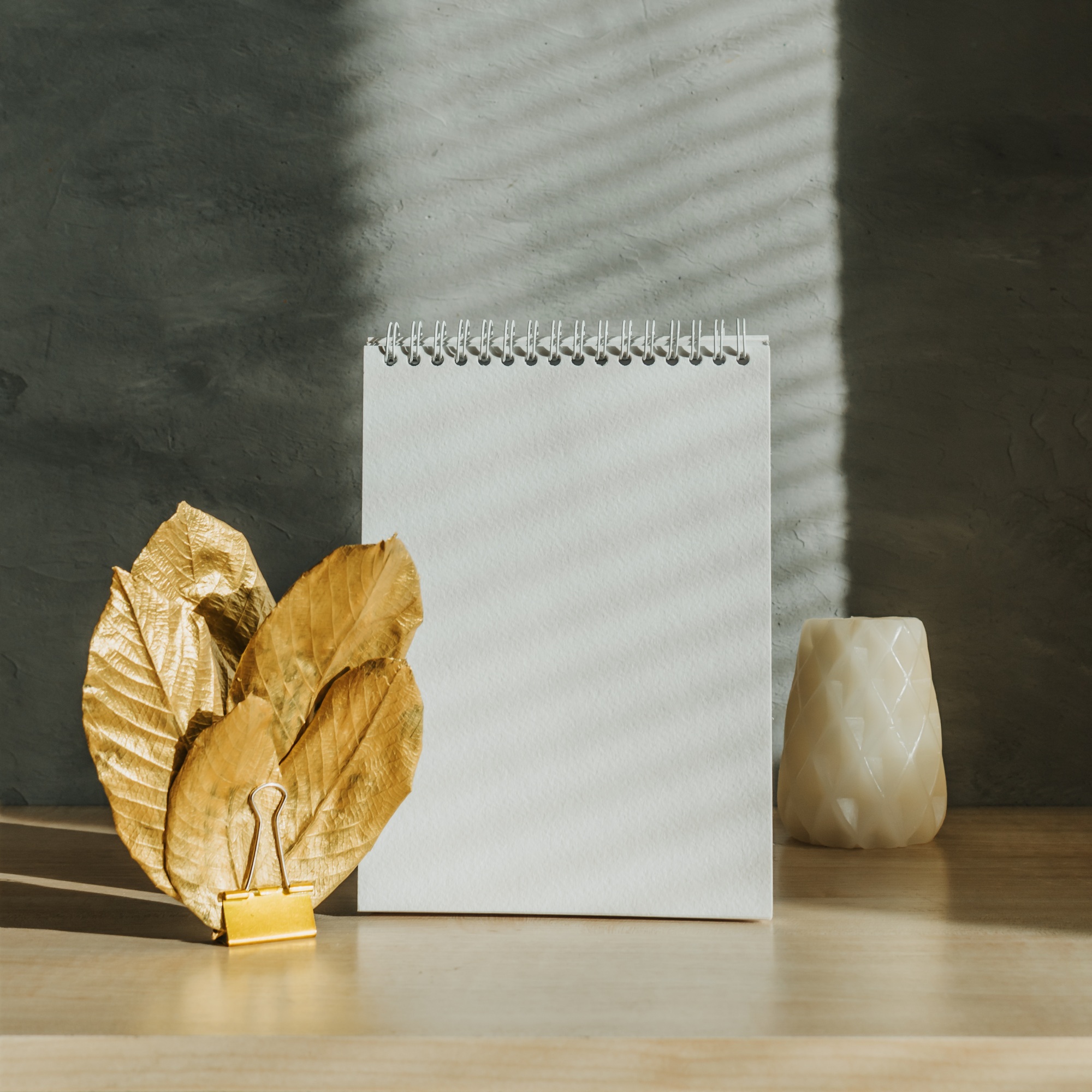 Modern trend mockup with shadows and hard light. Fall autumn minimal mock up with open empty note